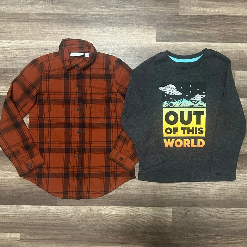 The Children's Place 365 Kids Shirt Set Boys 5/6 Orange Plaid Flannel Space Tee